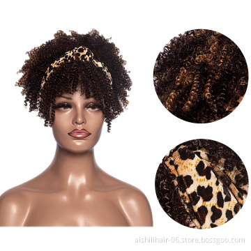 Aishili wholesale synthetic wig blonde brown afro deep curly Leopard headband wigs for black women